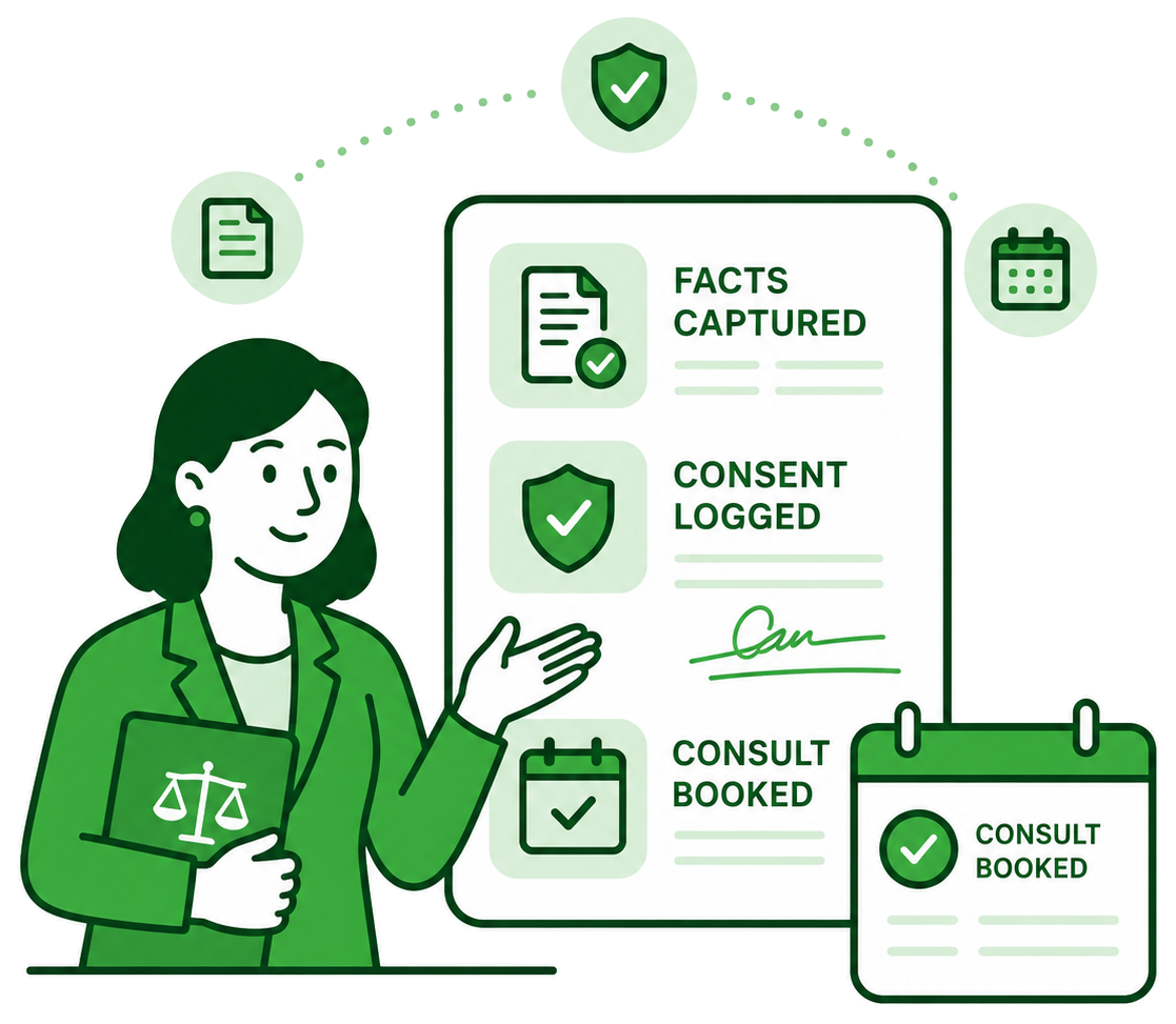 Legal intake assistant with facts captured consent logged and consult booked documentation