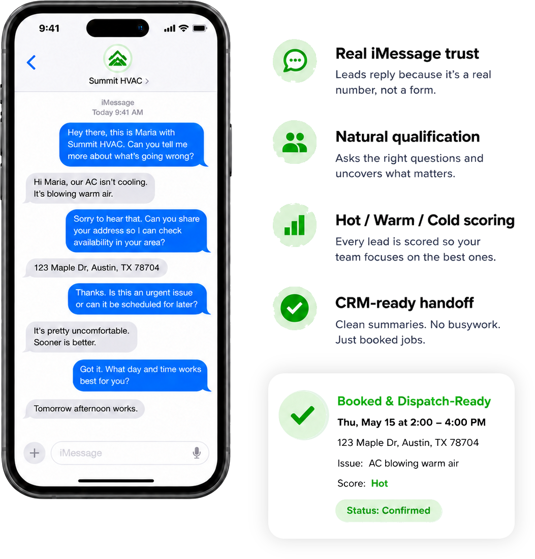 ChatSales iMessage conversation mockup with lead scoring and booked dispatch details