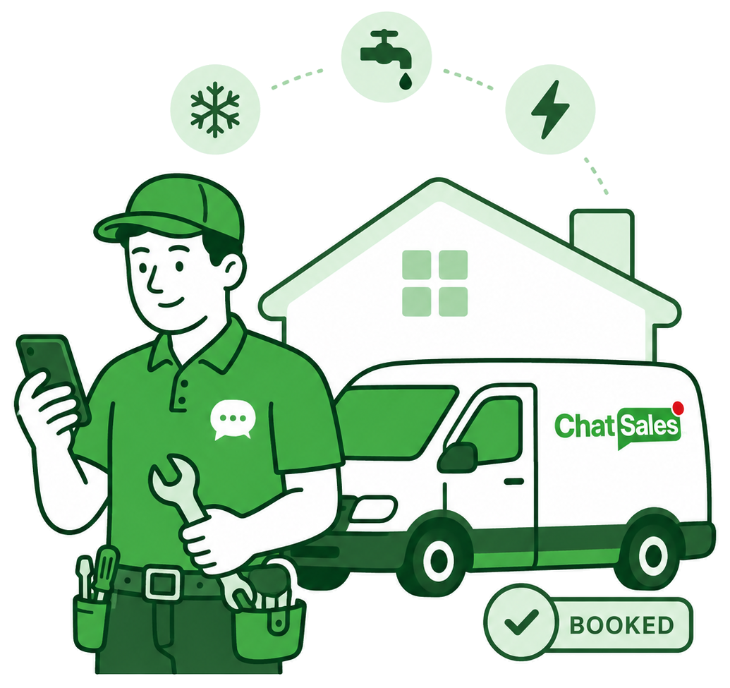 Home services technician texting beside ChatSales service van with booked job confirmation